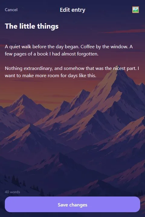 A real diary editor showing the fictional entry The little things over an Alpine Dusk background.